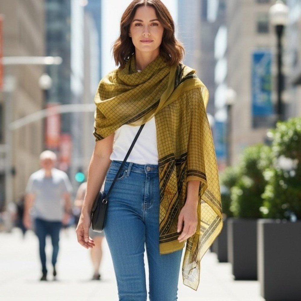 Olive Green Grid Geometric Rhinestone Sheer Oversized Wrap Scarf Shawl